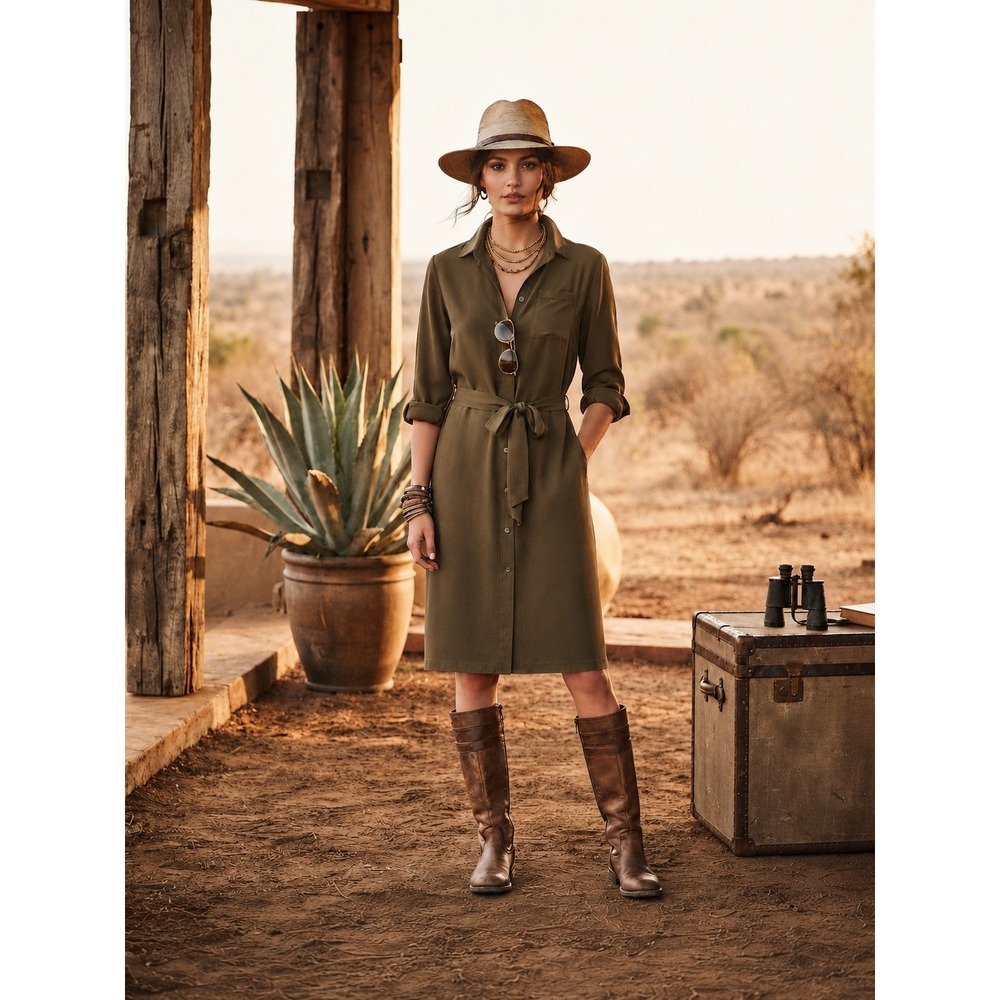 Ann Taylor Midi Shirt Dress Belt Polyester Workwear Safari Autumn Fall Neutral